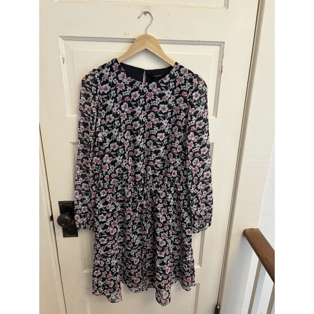 Banana Republic Women's Navy Floral Chiffon Long Sleeve Dress Size L New